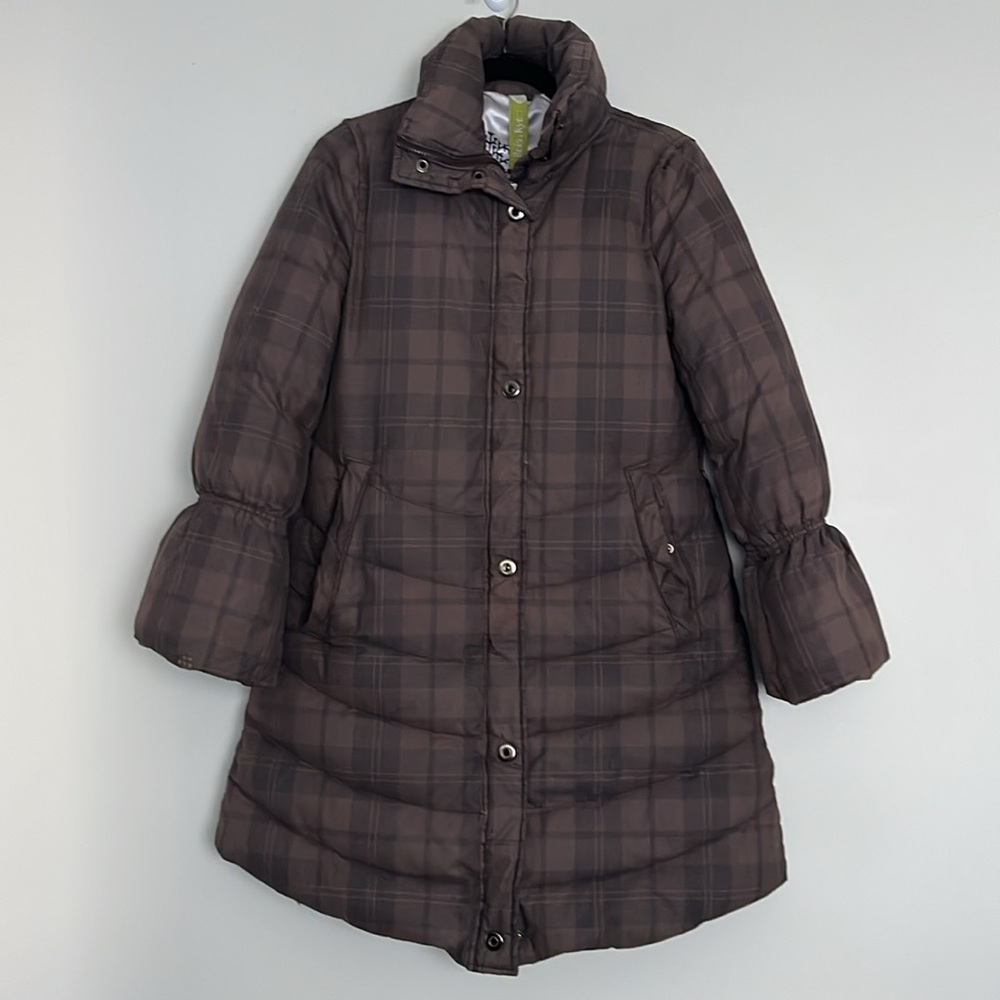 Sonia & Kyo Women’s Plaid Long Line Down Feather Winter Jacket Size XS “flawed”